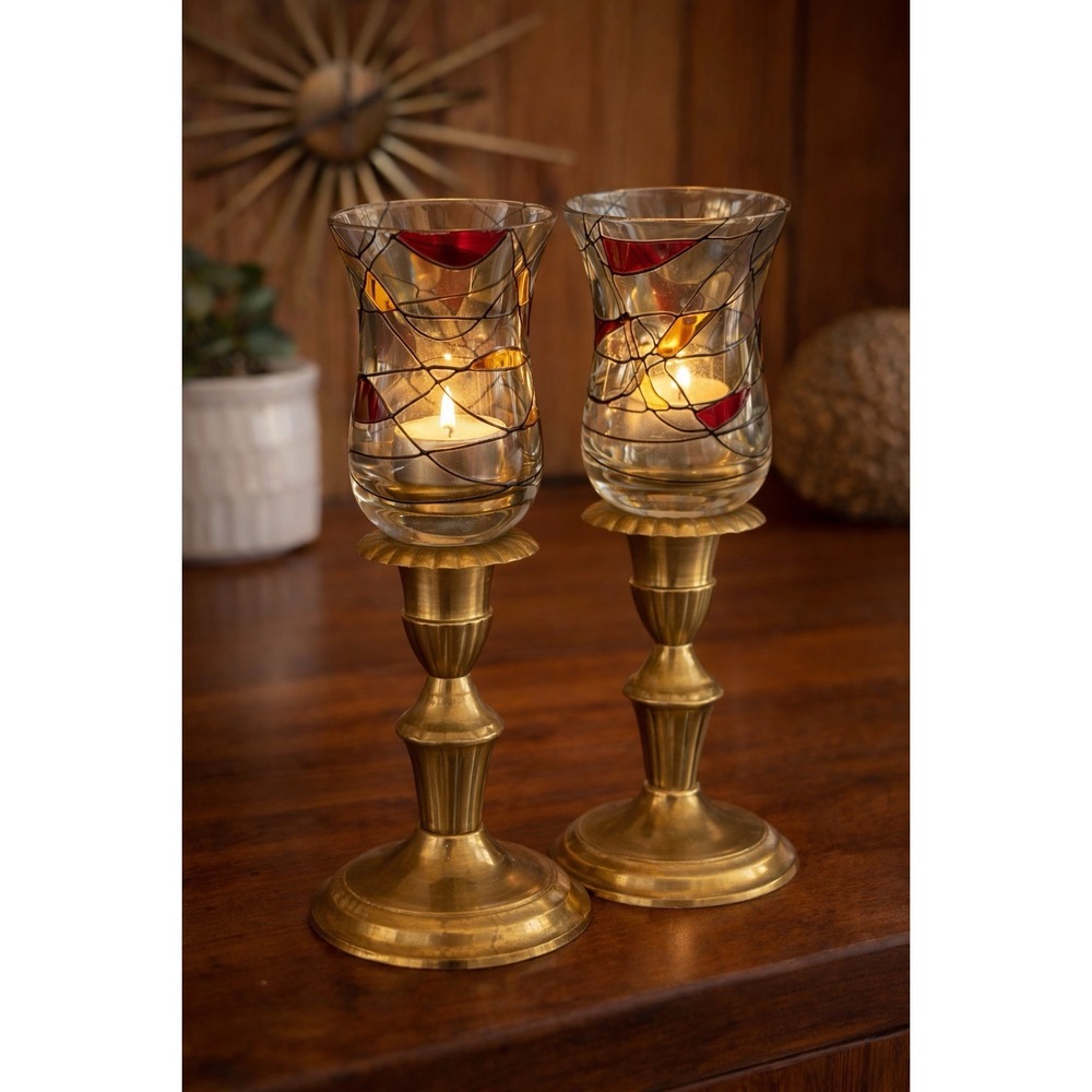 Vintage Stained Glass Votive Cups Pair Amber Red Art Glass Mid Century‎ Style